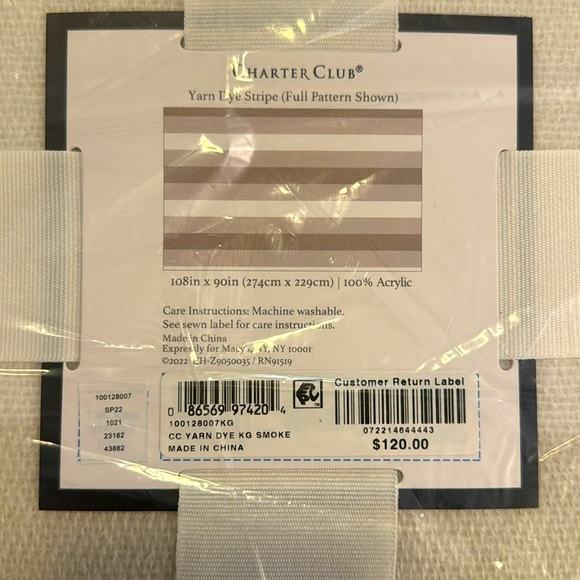 (NWT) Charter Club, King Size, Yarn Dye Stripe Blanket. 108inx90in, 100% Acrylic - Picture 3 of 4